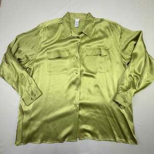 Anna and Frank 100% Silk Satin Button Down Shirt Lime Green XL